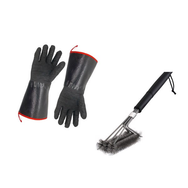 Black heat-resistant gloves with red trim and a grill brush with a black handle and metal bristles.
