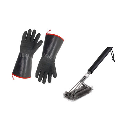 Black heat-resistant gloves with red trim and a grill brush with a black handle and metal bristles.
