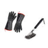 Black heat-resistant gloves with red trim and a grill brush with a black handle and metal bristles.