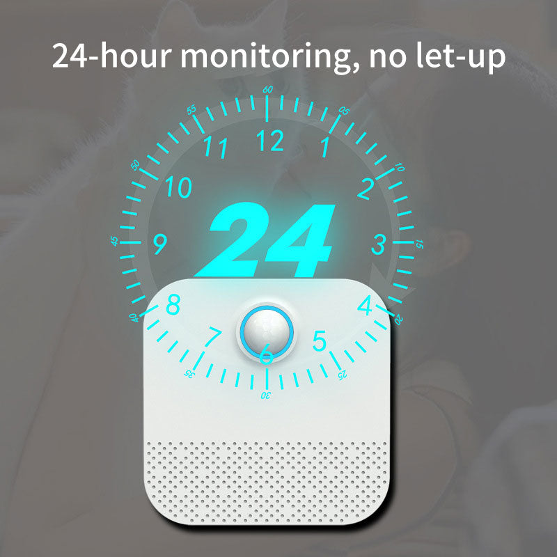 White device with a glowing blue 24-hour clock overlay, text reads "24-hour monitoring, no let-up."