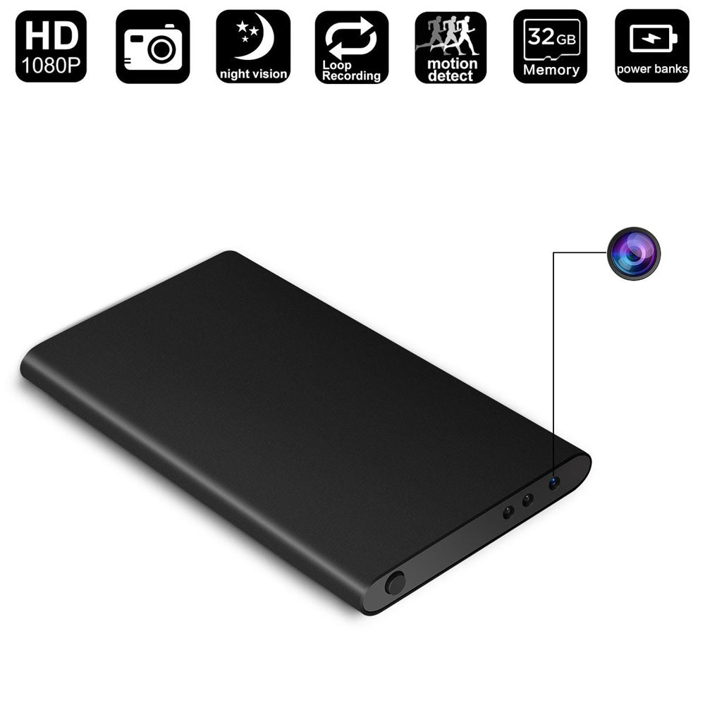 Black rectangular device with a lens on the edge; icons show HD, night vision, and motion detection.