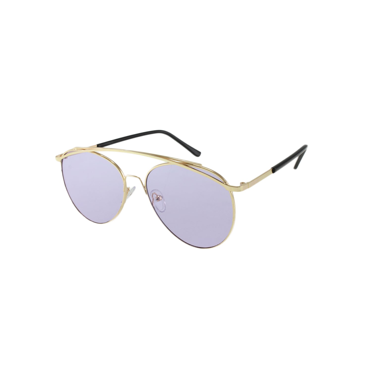 Gold-framed aviator sunglasses with light purple lenses and black temple tips on a white background.