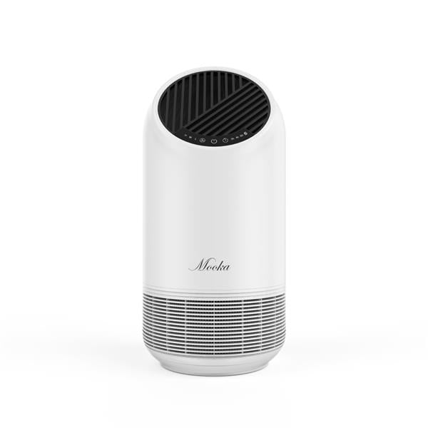 Sleek white cylindrical air purifier with black top vent and control panel.