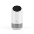Sleek white cylindrical air purifier with black top vent and control panel.