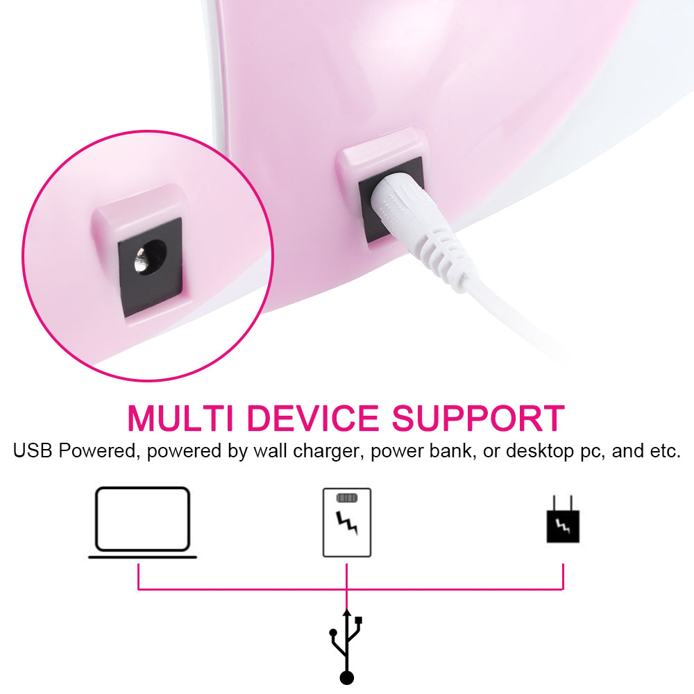 Pink and white device with USB port, plug connected; text: "Multi Device Support."