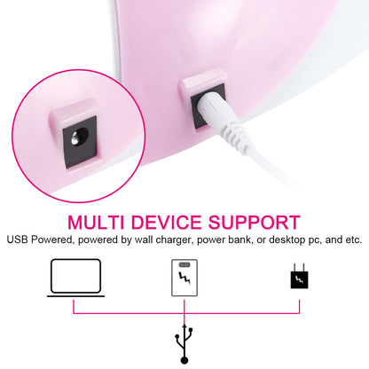 Pink and white device with USB port, plug connected; text: "Multi Device Support."