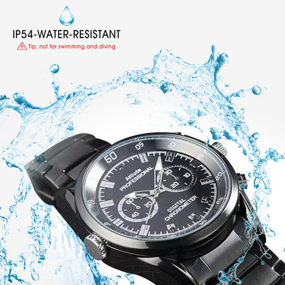 Black wristwatch with a round face, white markings, splashed with water, labeled IP54 water-resistant.