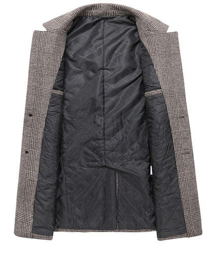 Open gray plaid coat with quilted black lining and a structured collar.