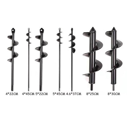 Seven black auger drill attachments in various lengths and diameters arranged in a row.