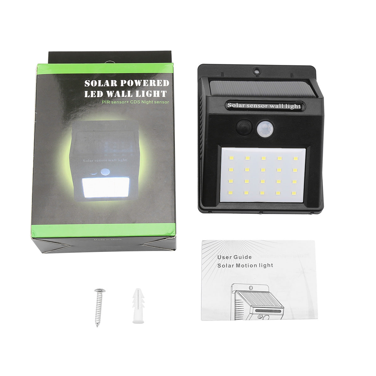 LED wall light with sensor, in black, next to box, screws, and user guide on white background.