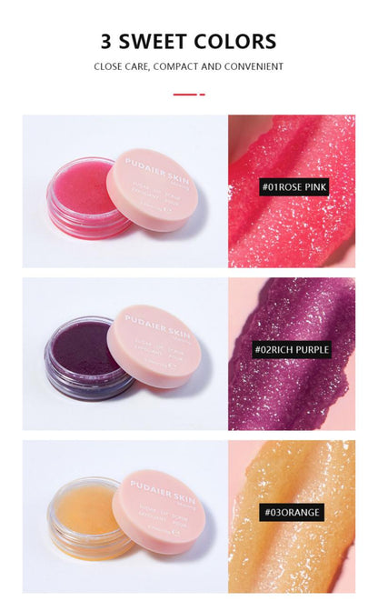 Three jars of lip scrubs in pink, purple, and orange with matching swatches.