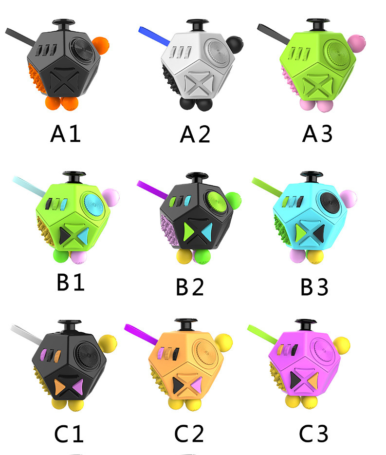 Nine colorful hexagonal fidget toys with buttons and knobs, labeled A1-C3.