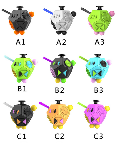 Nine colorful hexagonal fidget toys with buttons and knobs, labeled A1-C3.