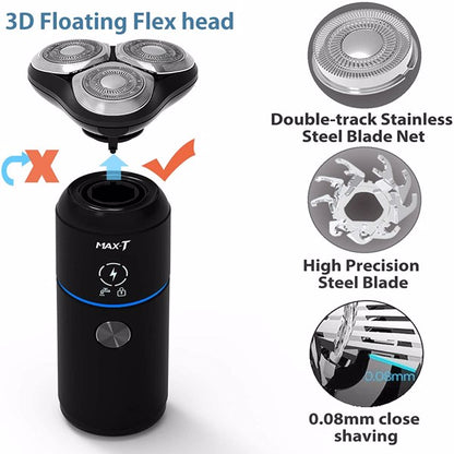 Electric shaver with 3D floating flex head, double-track stainless steel blade, and black body.