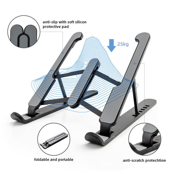 Adjustable black laptop stand with anti-slip pads, foldable design, and 25kg weight capacity.