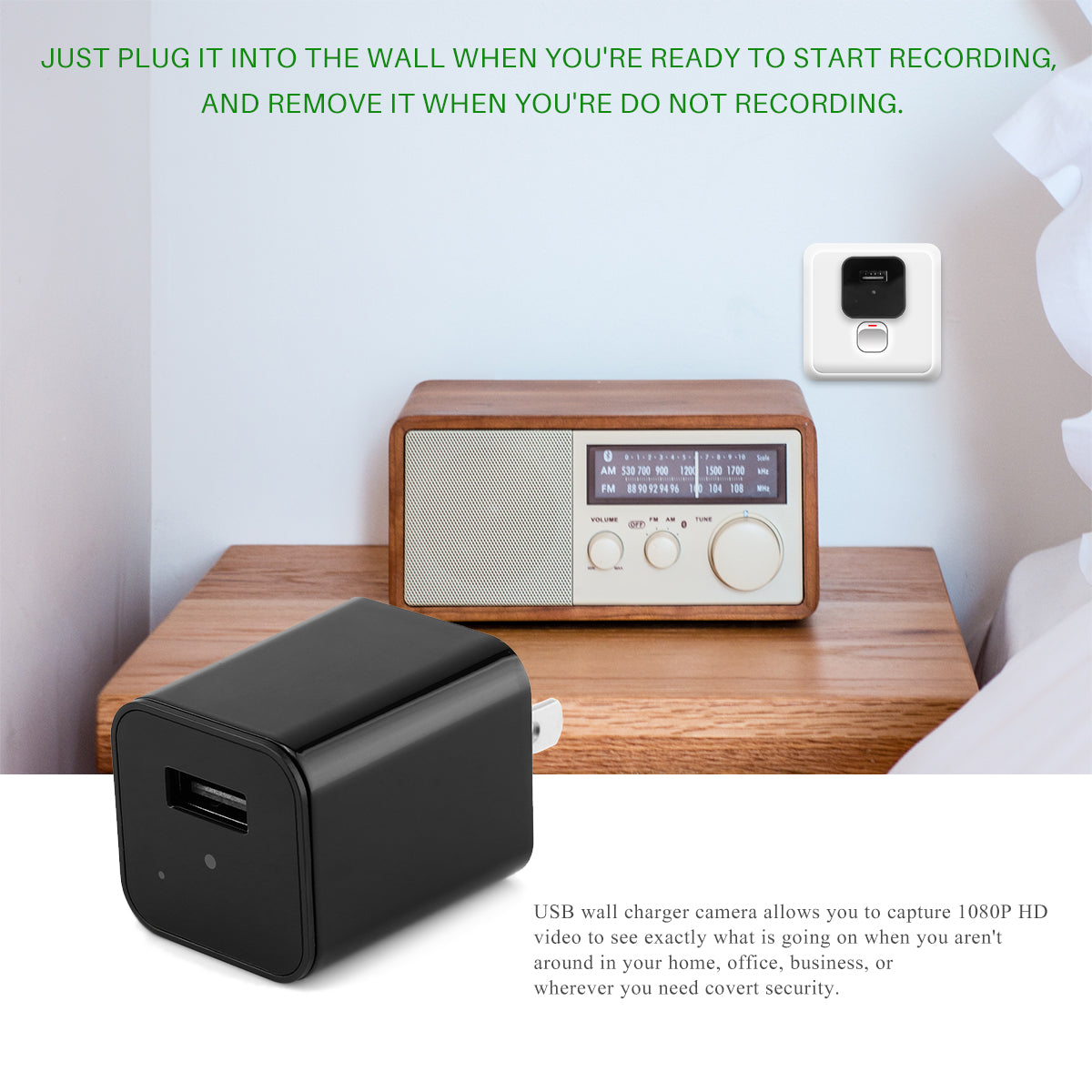 Black USB charger camera on a wooden table with a vintage radio; text instructions above.
