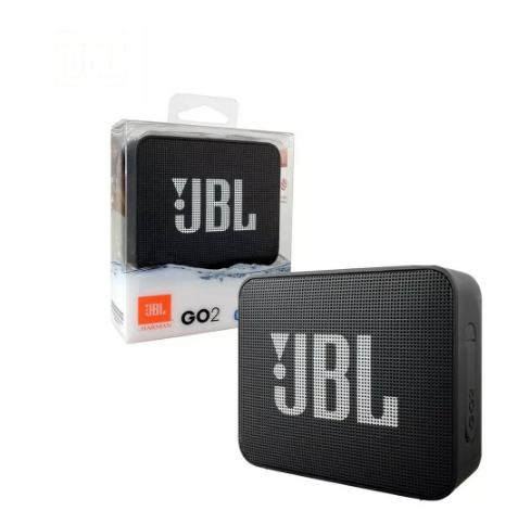 Black portable speaker with large white "JBL" logo, shown with packaging box.