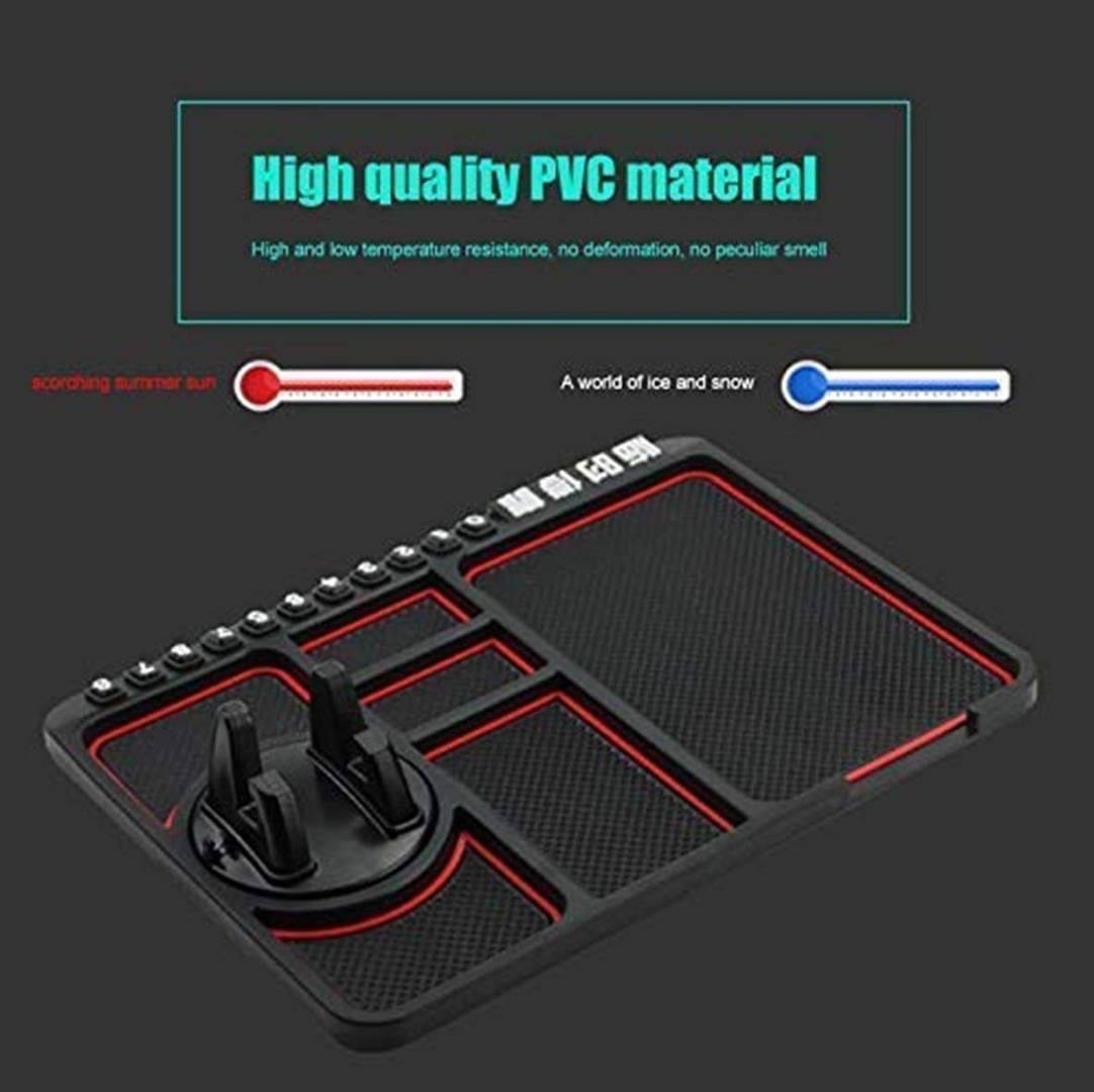 Black PVC car holder with red accents and multiple compartments, featuring a thermometric graphic.