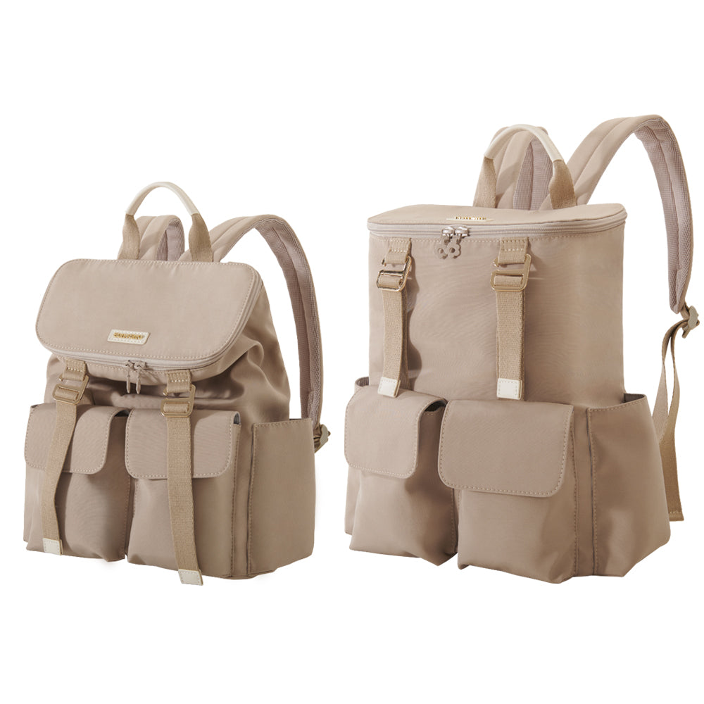 Two beige backpacks with flap closures, front pockets, and adjustable straps on a white background.