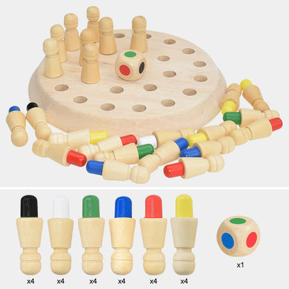 Wooden board game with pegs in five colors and a die with green, red, blue, and black dots.
