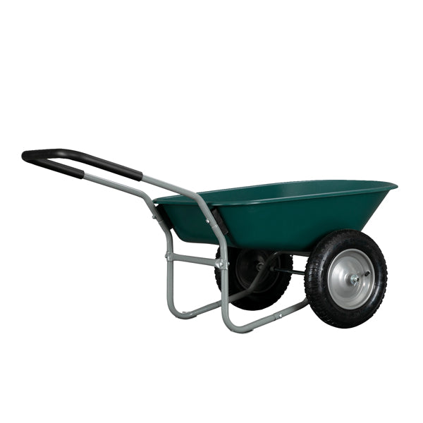 Green wheelbarrow with a silver frame, black handles, and two large black rubber wheels.