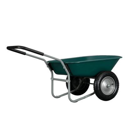 Green wheelbarrow with a silver frame, black handles, and two large black rubber wheels.