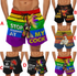 Six pairs of shorts featuring vibrant roosters, rainbow patterns, and humorous text designs.