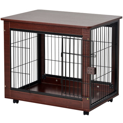 Brown wooden pet crate with black metal bars, front door, and smooth flat top.