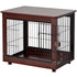 Brown wooden pet crate with black metal bars, front door, and smooth flat top.