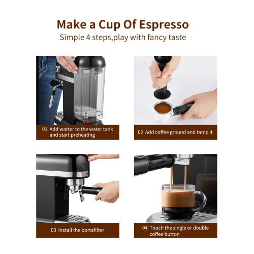 Step-by-step espresso making: fill water, tamp coffee, install portafilter, press button; four images.