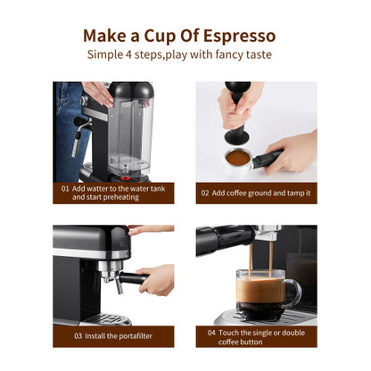 Step-by-step espresso making: fill water, tamp coffee, install portafilter, press button; four images.