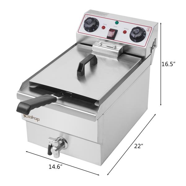 Stainless steel deep fryer with lid, two dials, and a front-facing tap, measuring 16.5"x14.6"x22".