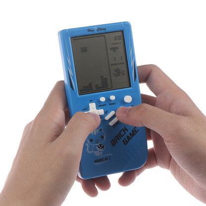 Hands holding a blue handheld game console with a Tetris-like game on screen.