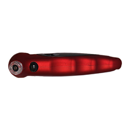 Red handheld device with a glossy finish, featuring a lens and button on the side.