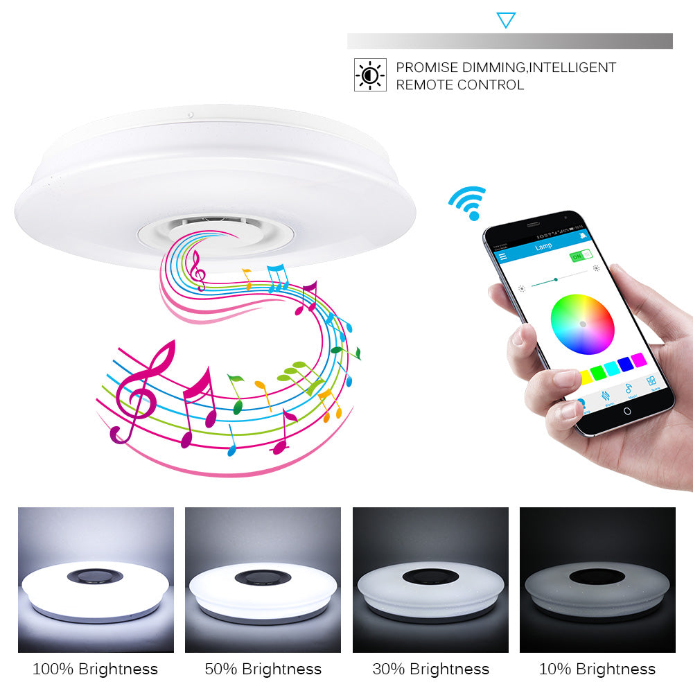Smart ceiling light with colorful music notes, remote control via phone, display of brightness levels.