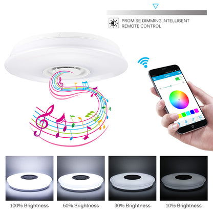 Smart ceiling light with colorful music notes, remote control via phone, display of brightness levels.