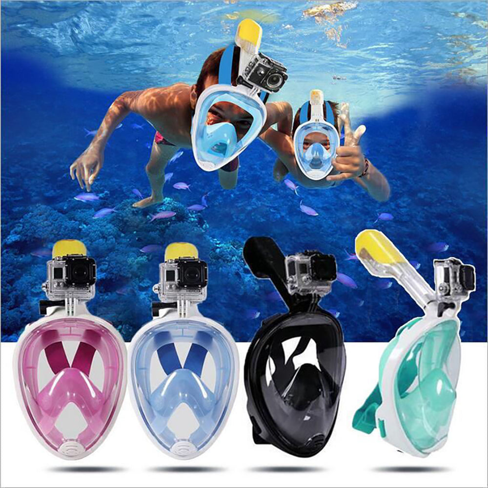 Snorkelers in colorful masks swim underwater above coral, with four snorkel masks displayed below.