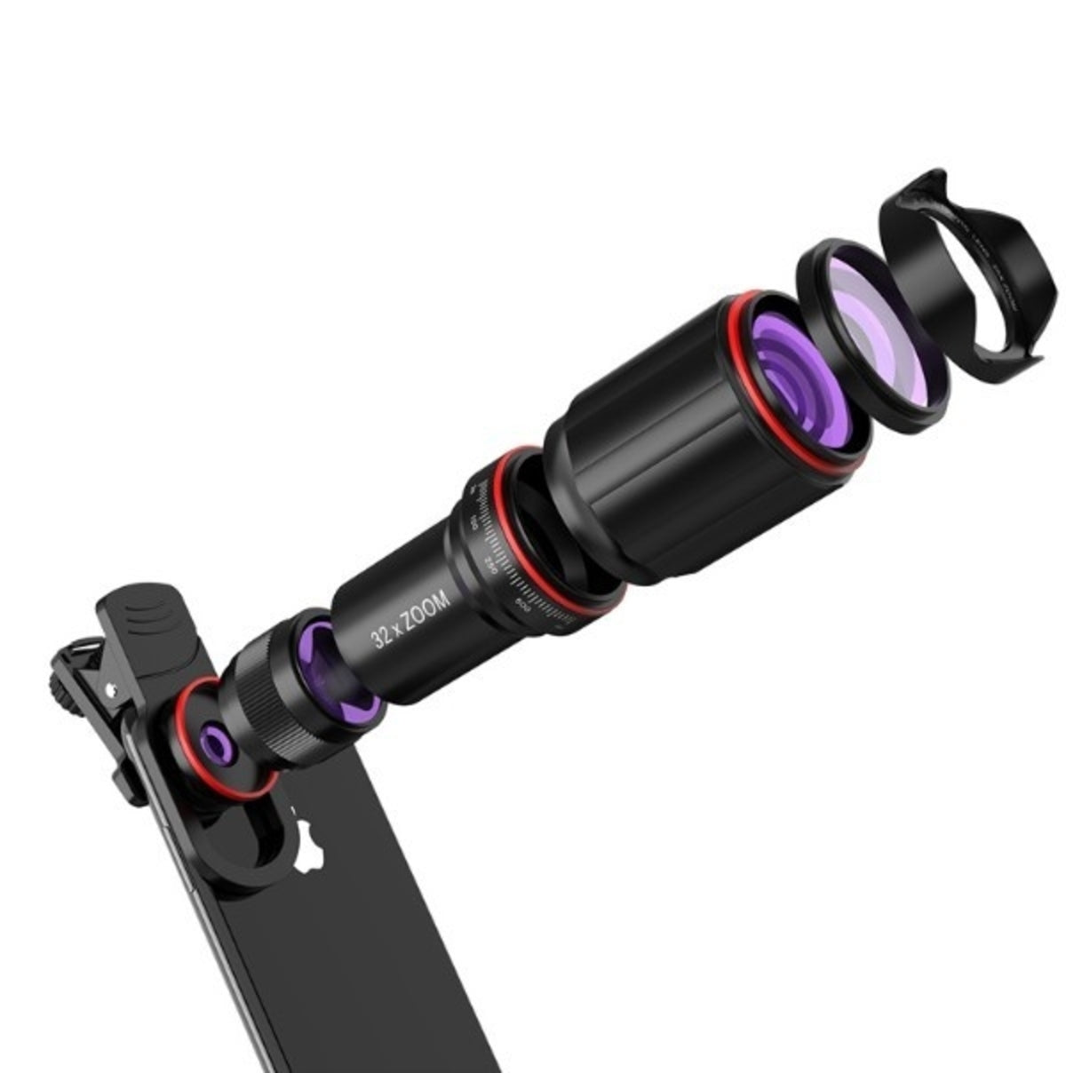 Smartphone with a detachable black zoom lens featuring red and purple accents, labeled 32x ZOOM.