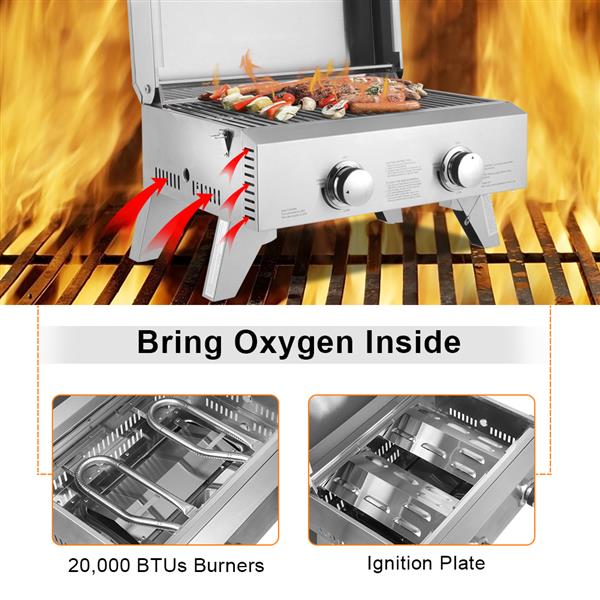 Silver grill with burners and food, set on a fiery background. Text: "Bring Oxygen Inside."