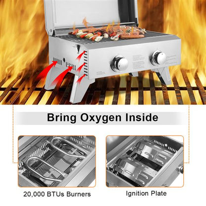 Silver grill with burners and food, set on a fiery background. Text: "Bring Oxygen Inside."