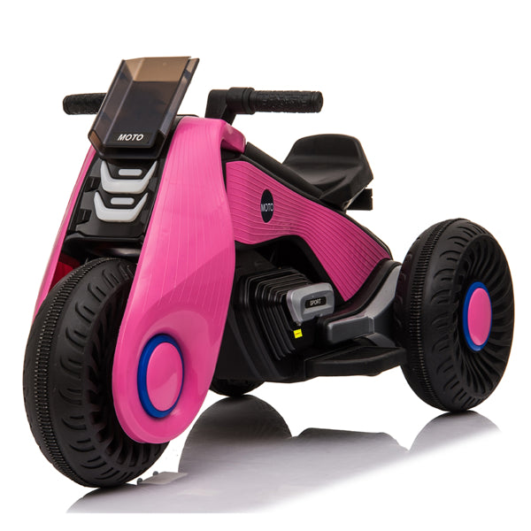 A pink and black toy motorcycle with thick tires and a futuristic design.