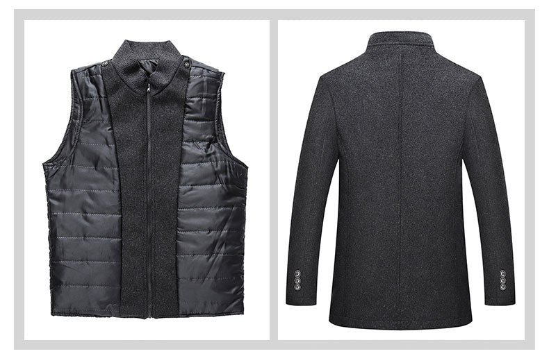 Black sleeveless padded vest and dark gray blazer with front zipper and button details.