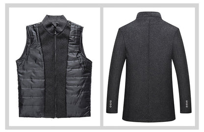 Black sleeveless padded vest and dark gray blazer with front zipper and button details.