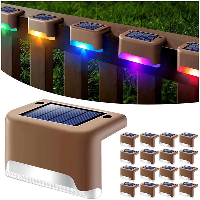 Brown solar deck lights emitting rainbow colors, arranged on a wooden fence.