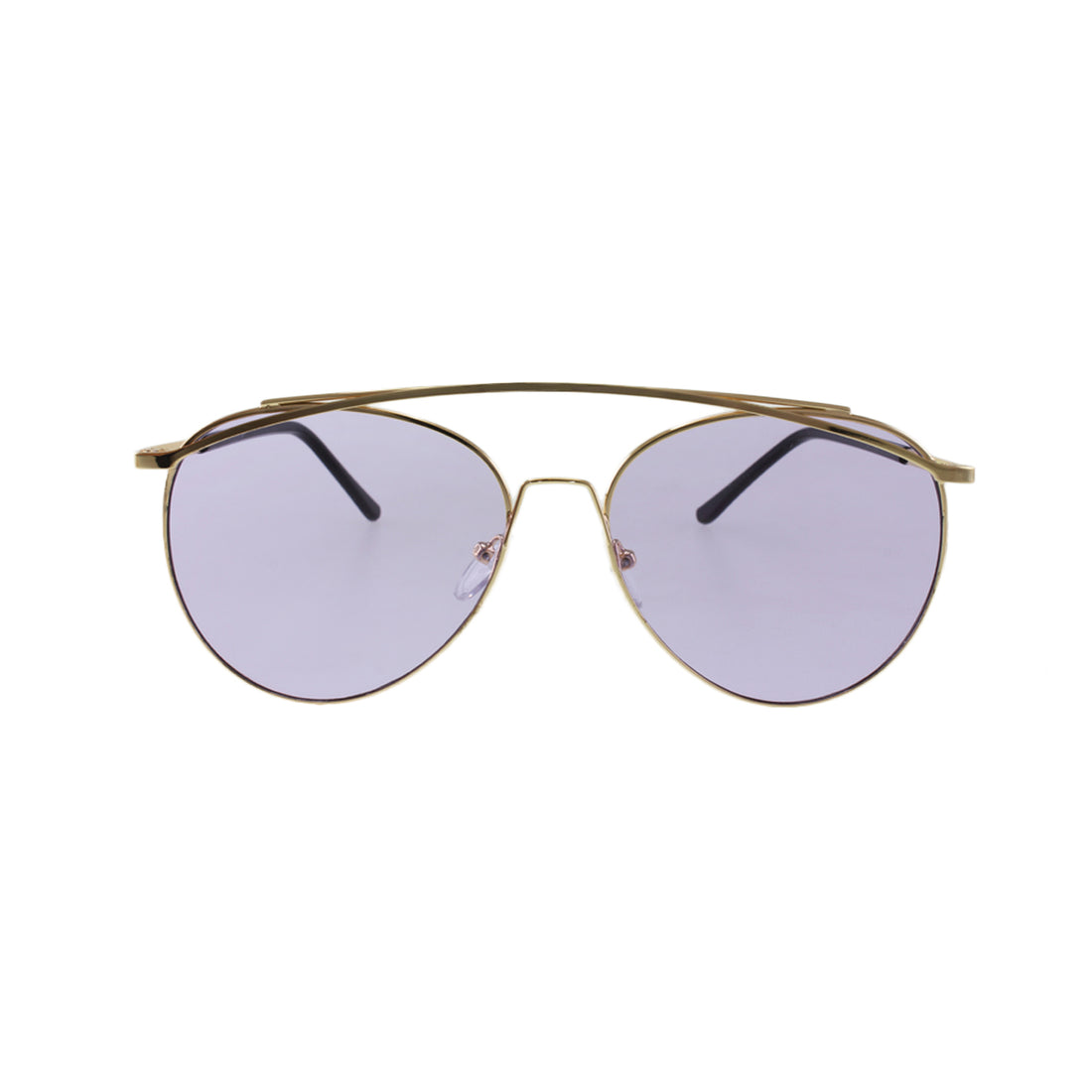 Gold-framed aviator sunglasses with light purple lenses against a white background.