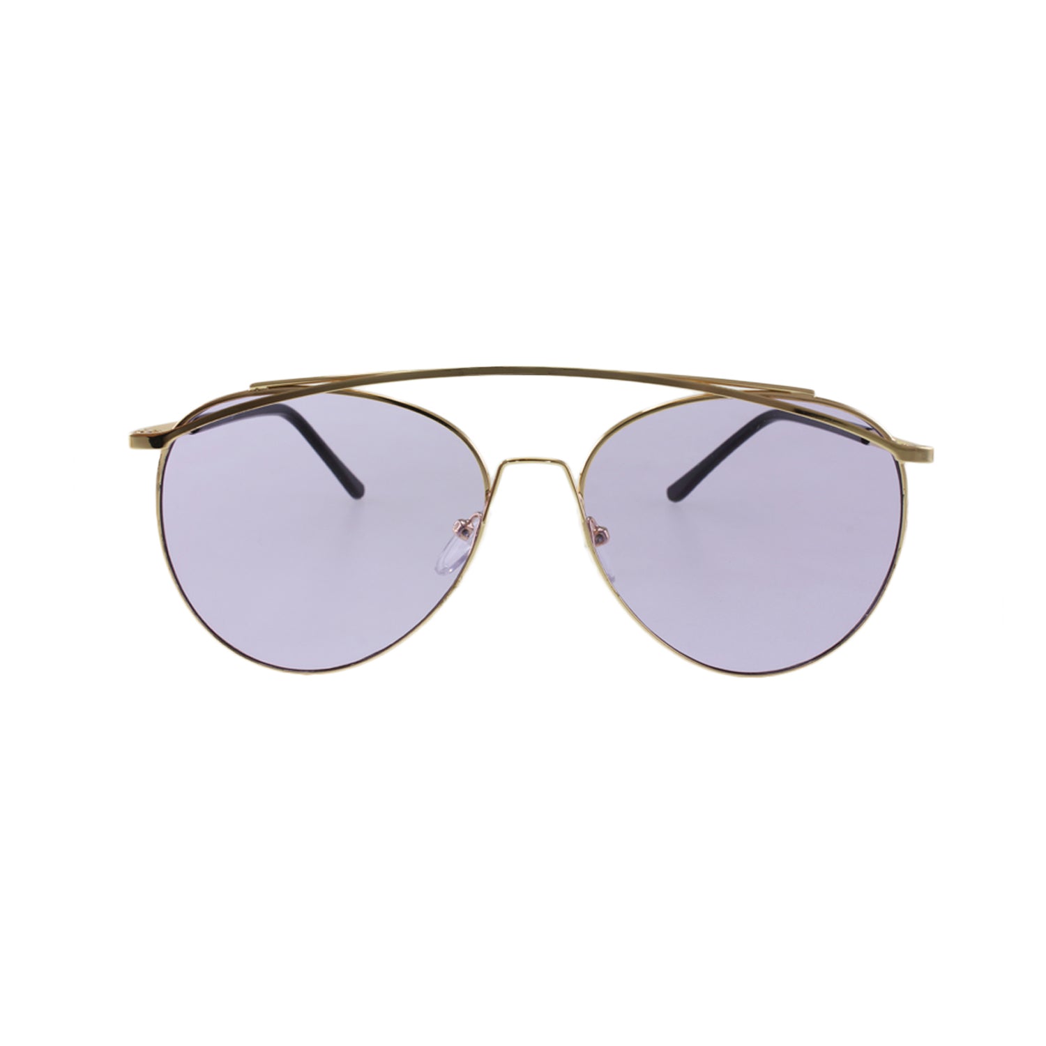 Gold-framed aviator sunglasses with light purple lenses against a white background.