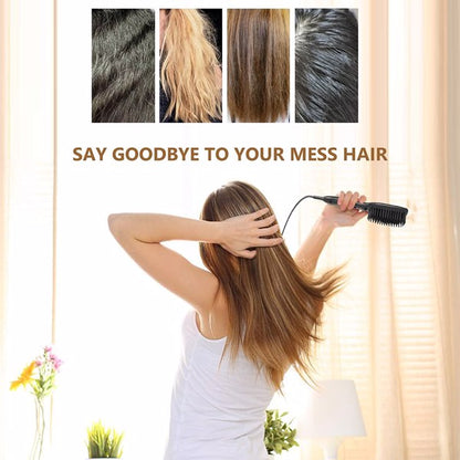 Woman smoothing hair with electric brush, text above reads "Say Goodbye to Your Mess Hair."
