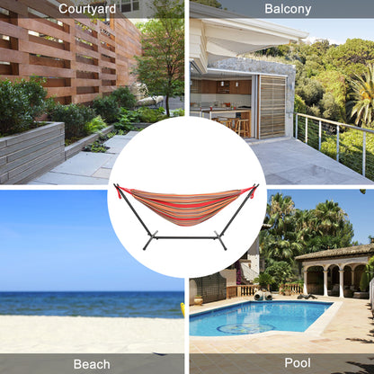 Collage with a striped hammock centered and four backgrounds: courtyard, balcony, beach, pool.