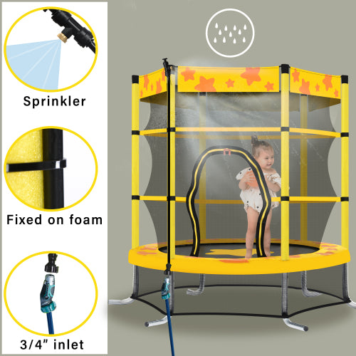 Yellow trampoline with safety net, child playing inside, overhead sprinkler system attached.