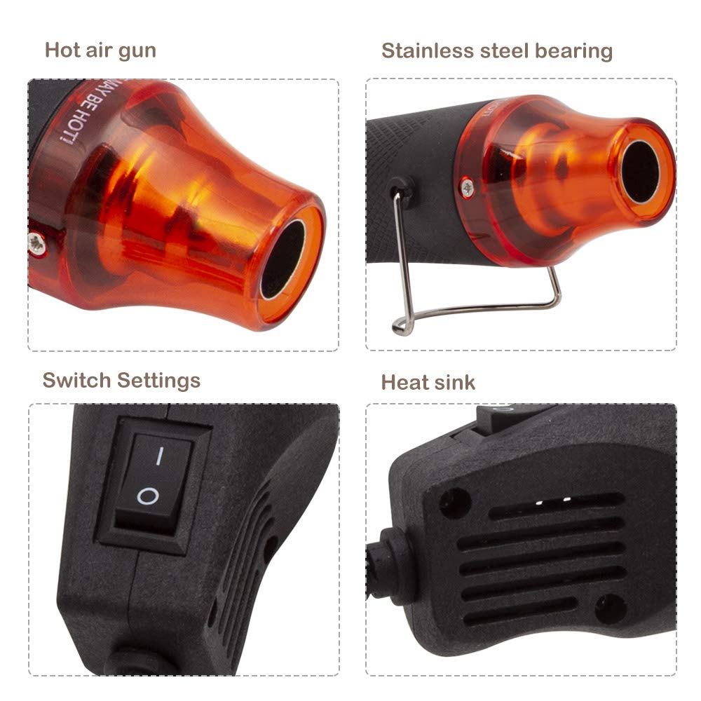 Close-up of a hot air gun with orange nozzle, switch settings, stainless steel bearing, and heat sink.